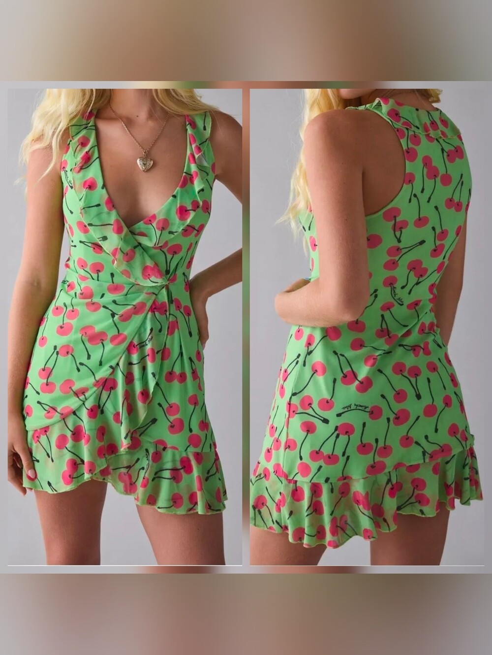 UO Wrapped In You Plunging Ruffle Mesh Mini Dress - Green Multi - Size XXS - NWT